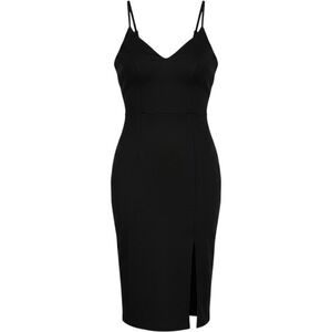 Blue Blush Black V-Neck Midi‎ Bodycon Dress Side Slit Small BD7165 Made in USA